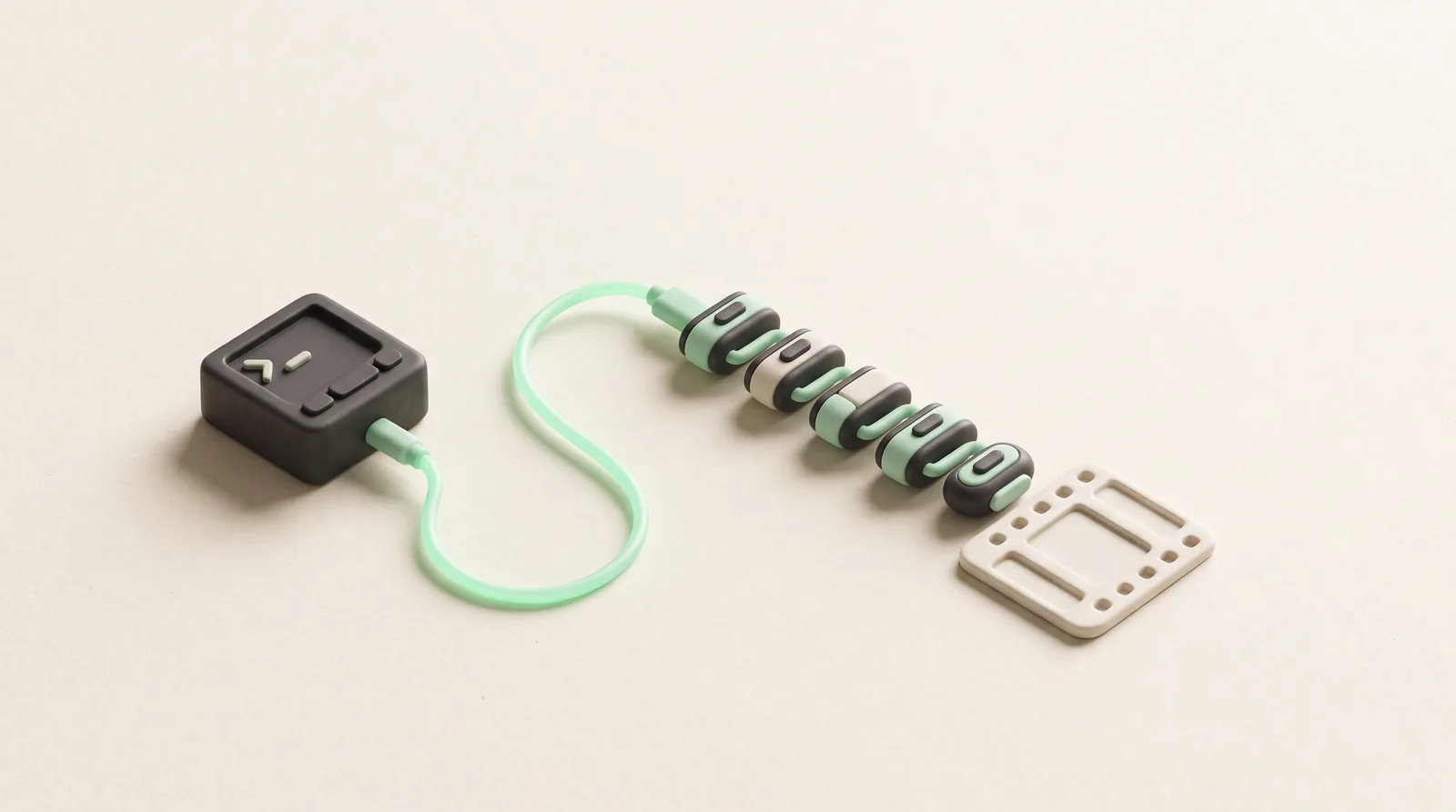 Miniature 3D illustration: a dark terminal block connected by a mint cable through a row of pipeline-stage nodes to a film strip β a coding agent driving a video pipeline.
