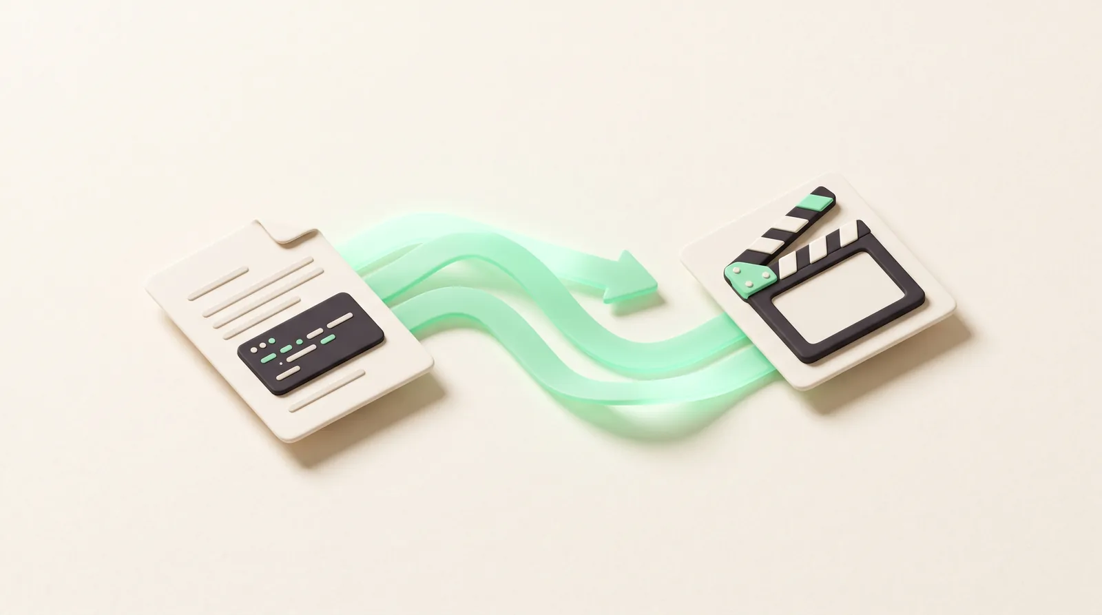 Miniature 3D illustration: a README/document card on the left flowing through a mint arrow into a film clapperboard card on the right β a README turning into a video.