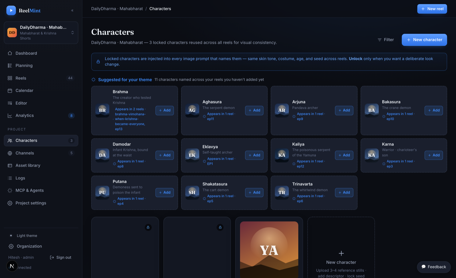 The character library with a locked, recurring cast