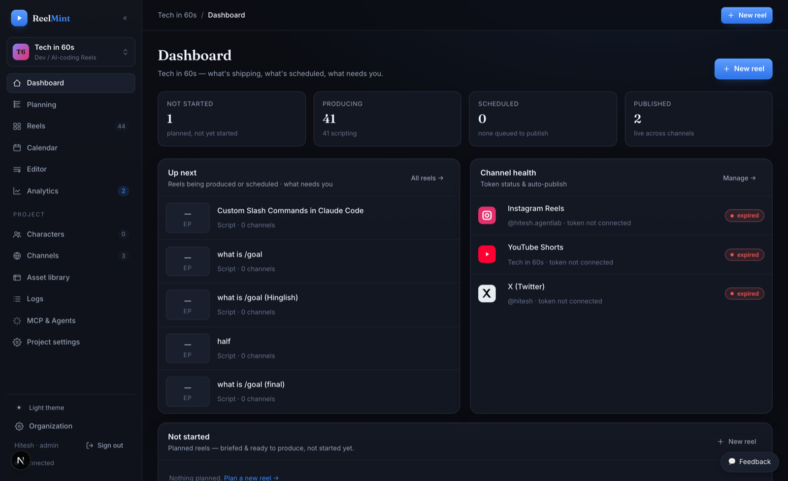 ReelMint dashboard: projects and reels with render status and publish analytics in one view
